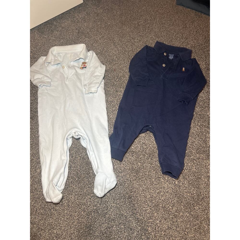 Ralph Lauren Embroidered Polo Bear Footed Baby Coverall lot of 2 size 6mo